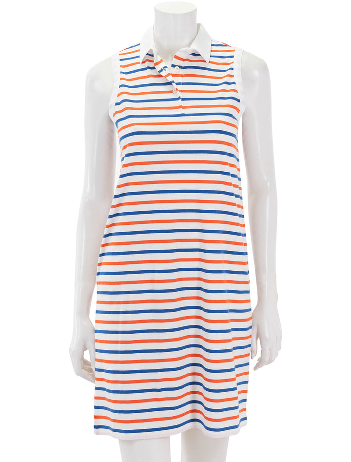 front view of sleeveless polo dress in white, blue and poppy stripe