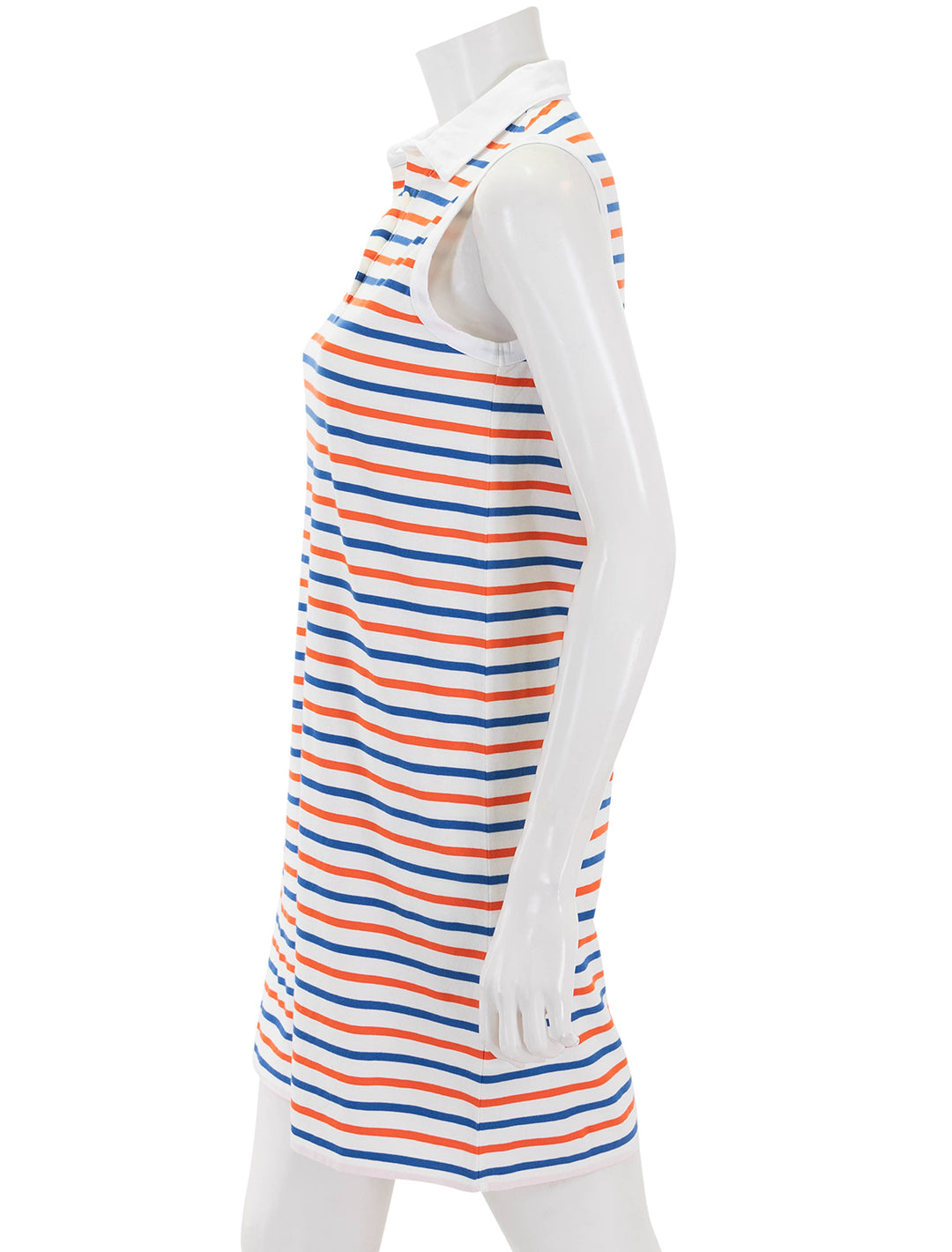 side view of sleeveless polo dress in white, blue and poppy stripe