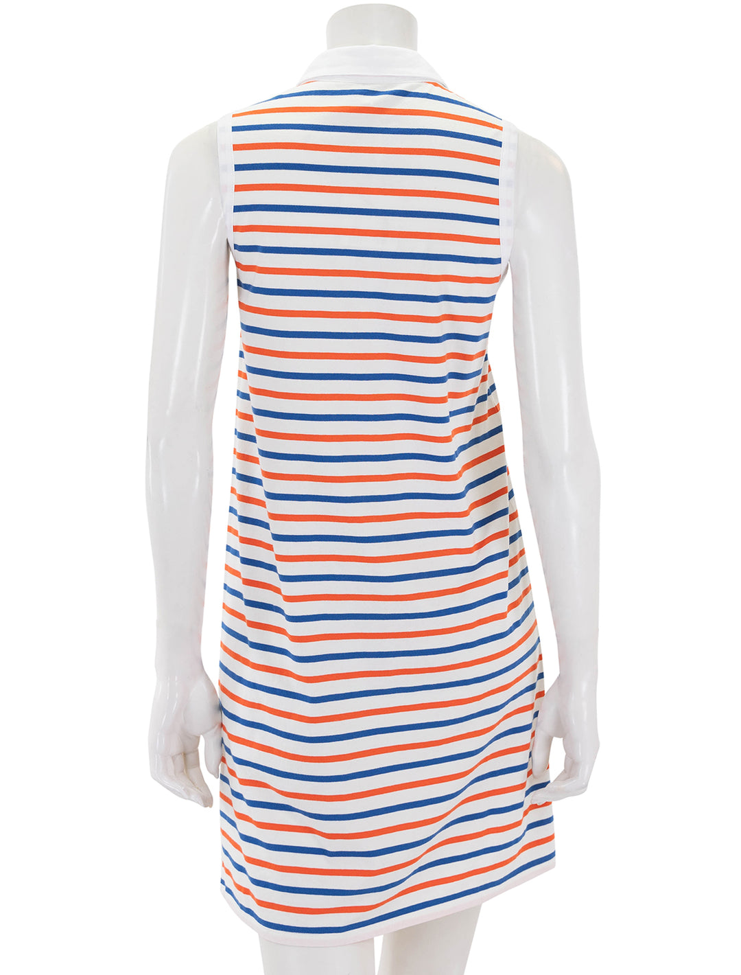 back view of sleeveless polo dress in white, blue and poppy stripe