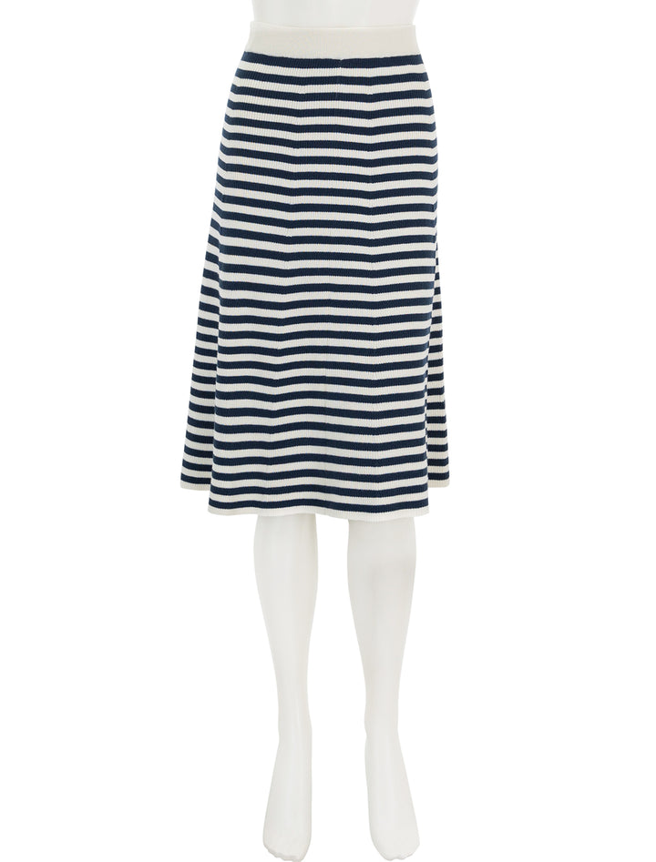 Front view of KULE's the sabine skirt in cream and navy stripe.