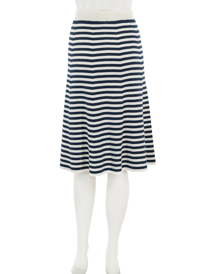 Back view of KULE's the sabine skirt in cream and navy stripe.