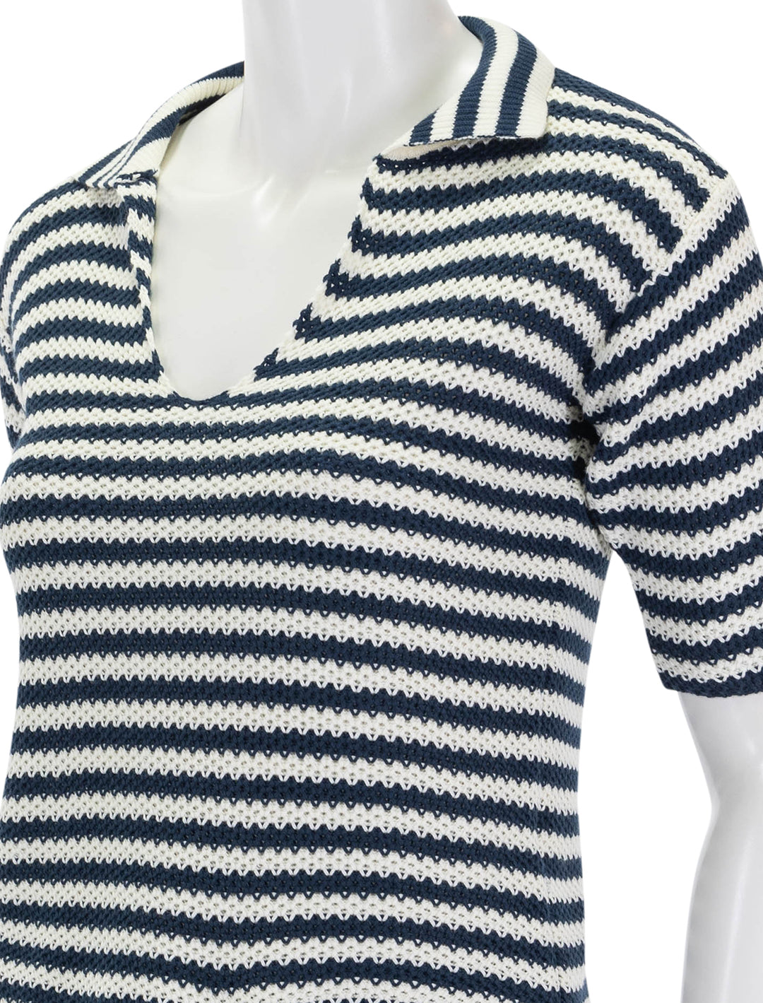 Close-up view of KULE's the lucie knit polo in cream and navy stripe.