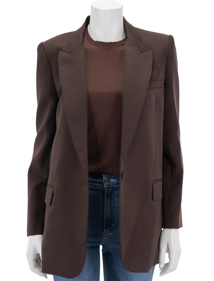 Front view of Nili Lotan's diane blazer in oxblood, unbuttoned.