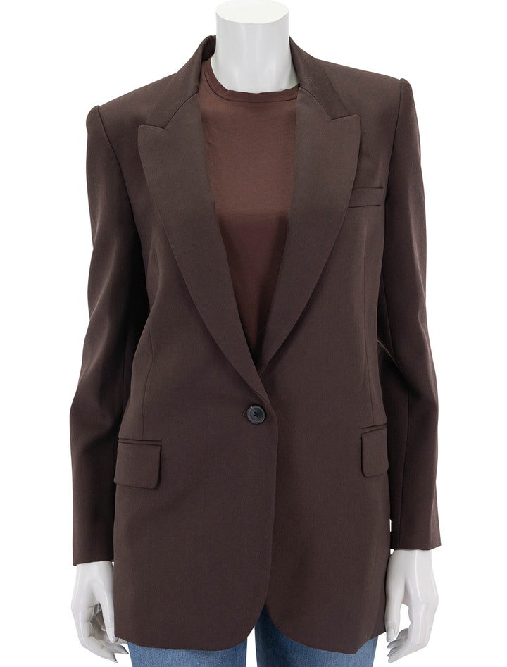 Front view of Nili Lotan's diane blazer in oxblood, buttoned.