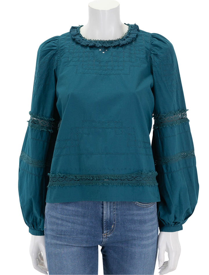 Front view of Sea NY's lilith thread pull long sleeve top in deep teal.