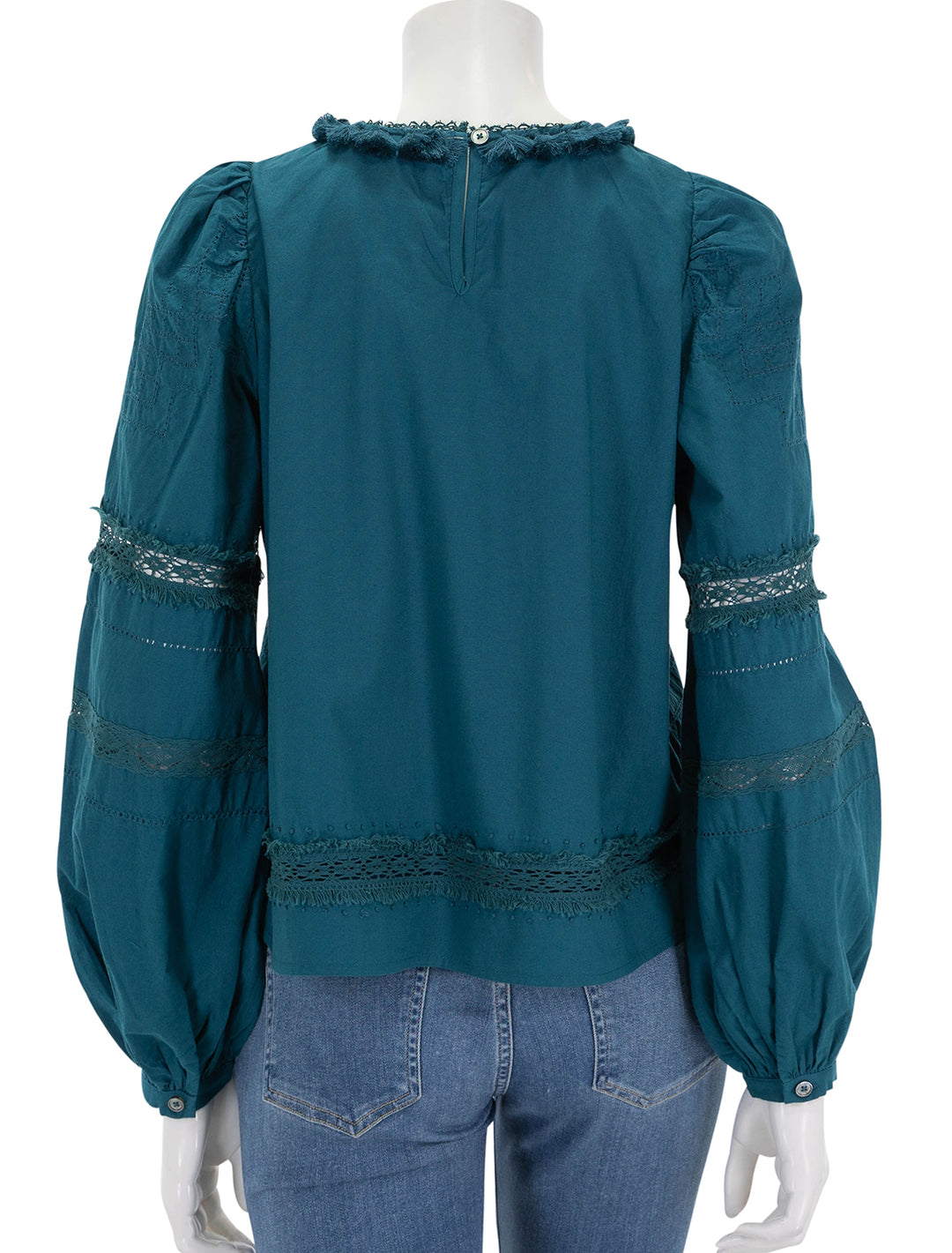 Back view of Sea NY's lilith thread pull long sleeve top in deep teal.