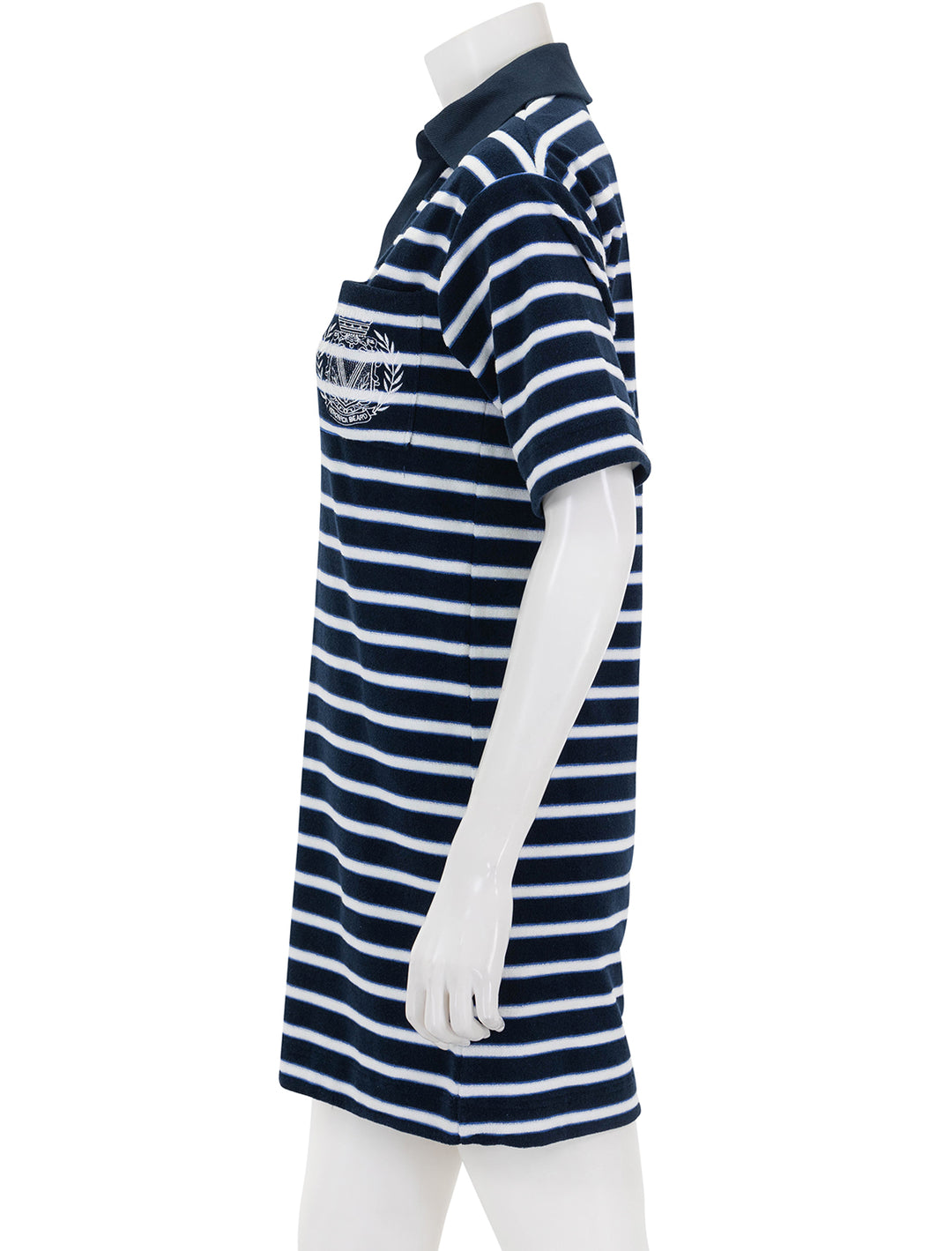 Side view of Veronica Beard's terrence dress in marine stripe.