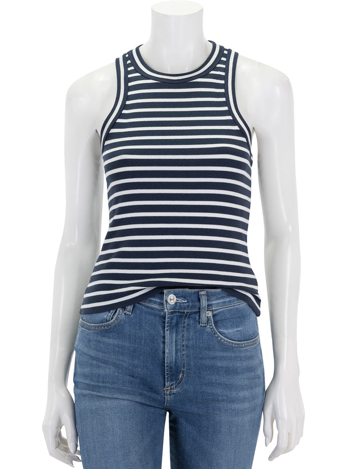 Front view of Veronica Beard's cropped jordyn tank in marine and white stripe.