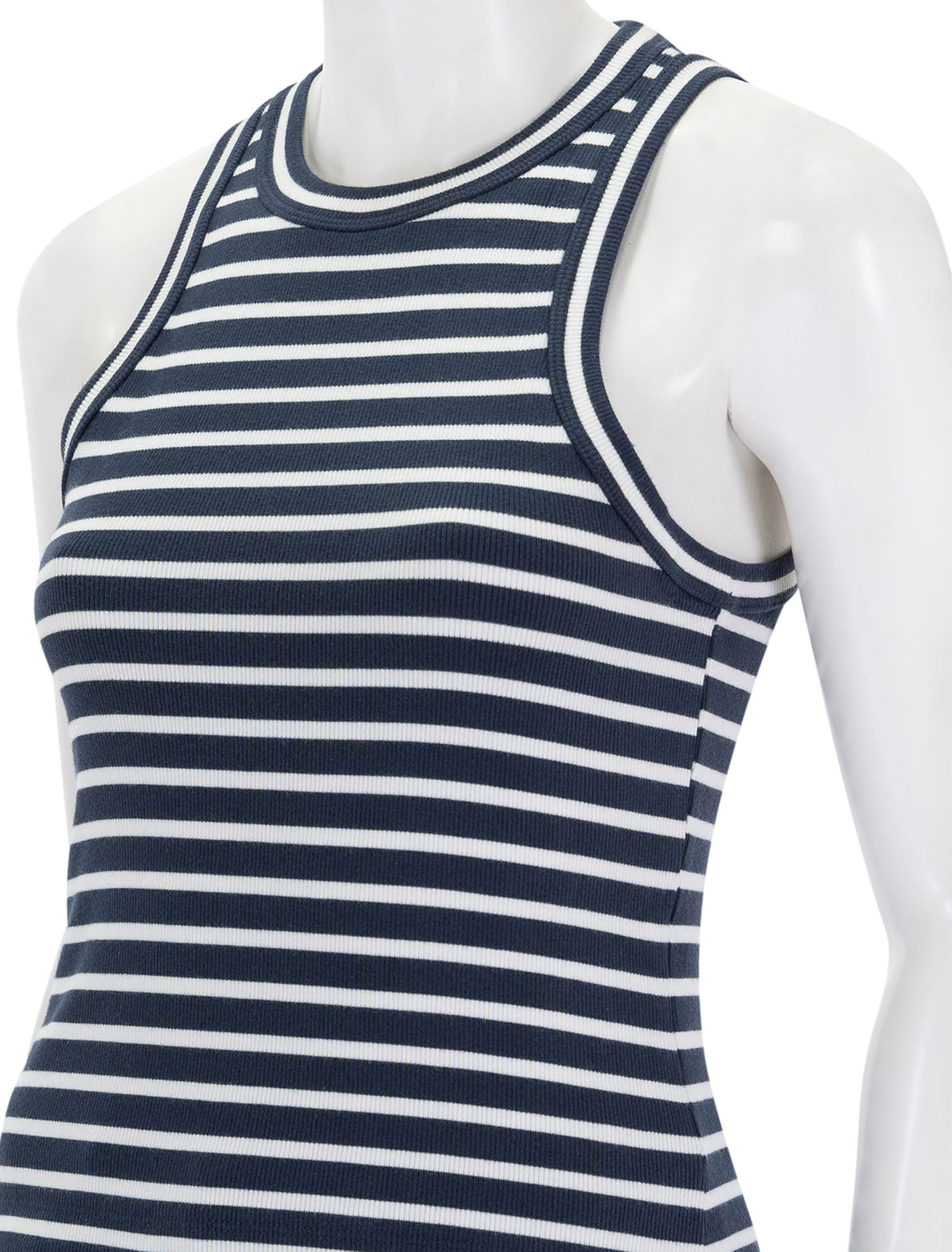 Close-up view of Veronica Beard's cropped jordyn tank in marine and white stripe.