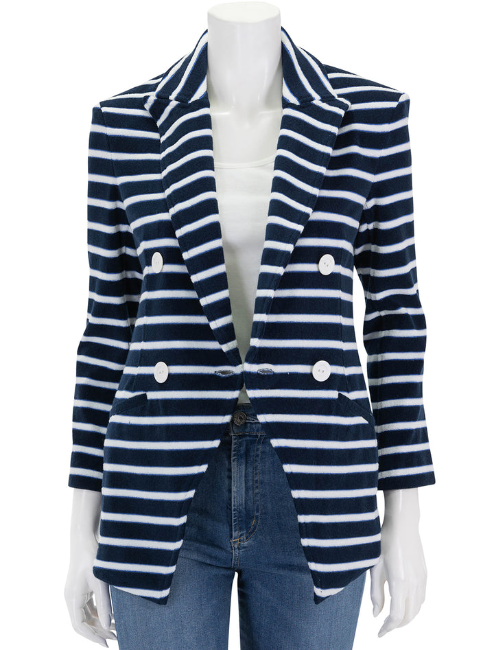 Front view of Veronica Beard's ortiz jacket in marine stripe terry, unbuttoned.