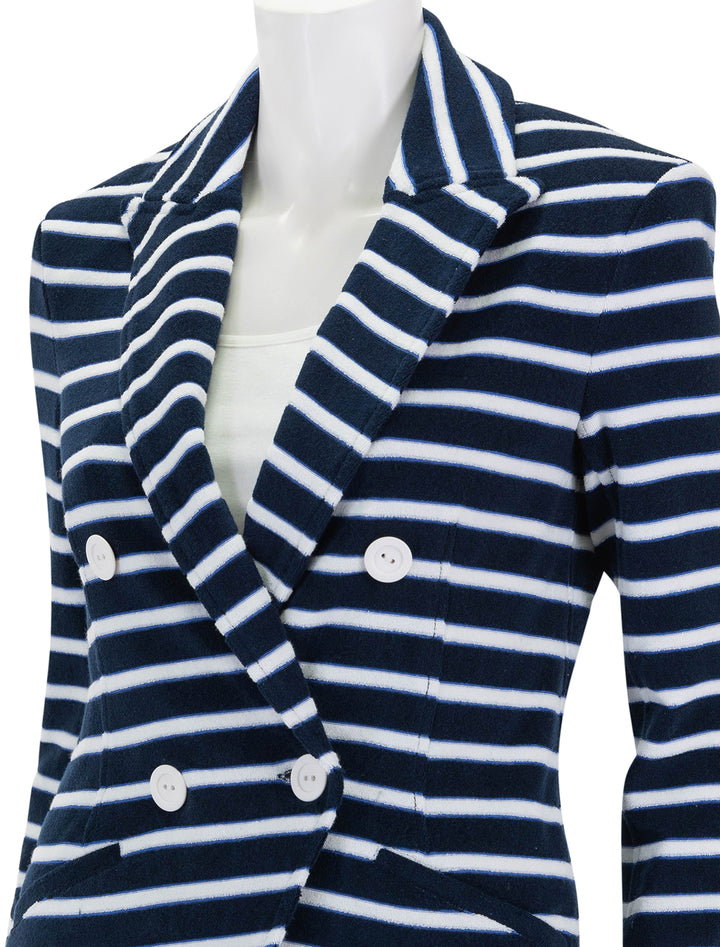 Close-up view of Veronica Beard's ortiz jacket in marine stripe terry.
