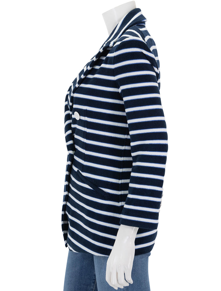 Side view of Veronica Beard's ortiz jacket in marine stripe terry.