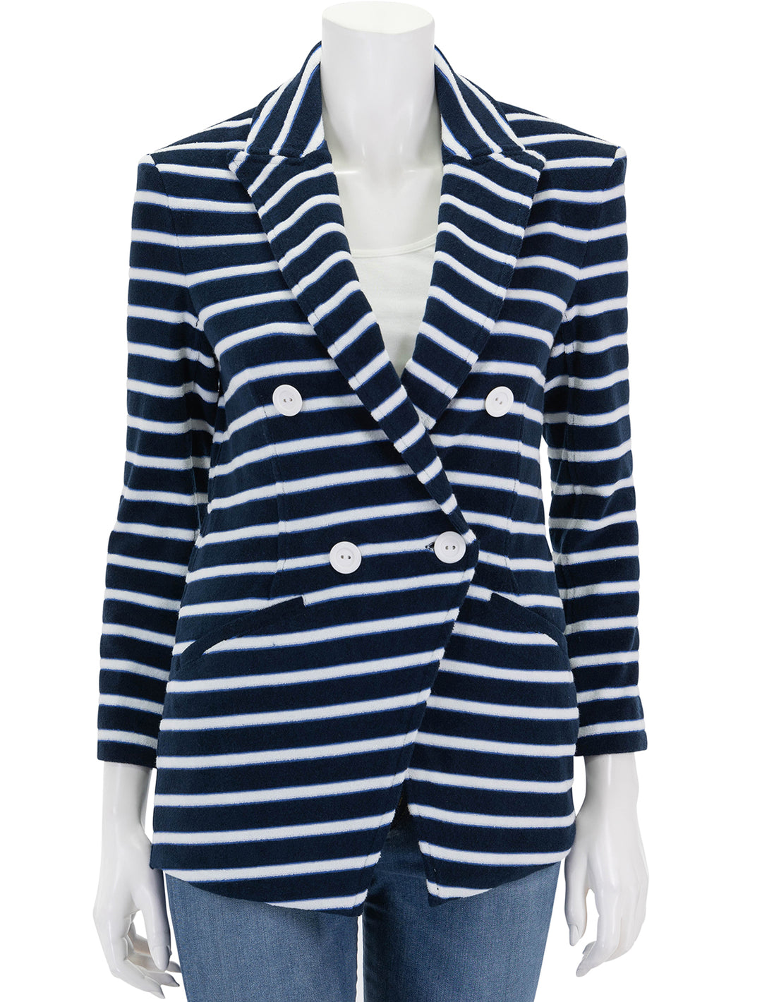 Front view of Veronica Beard's ortiz jacket in marine stripe terry, buttoned.