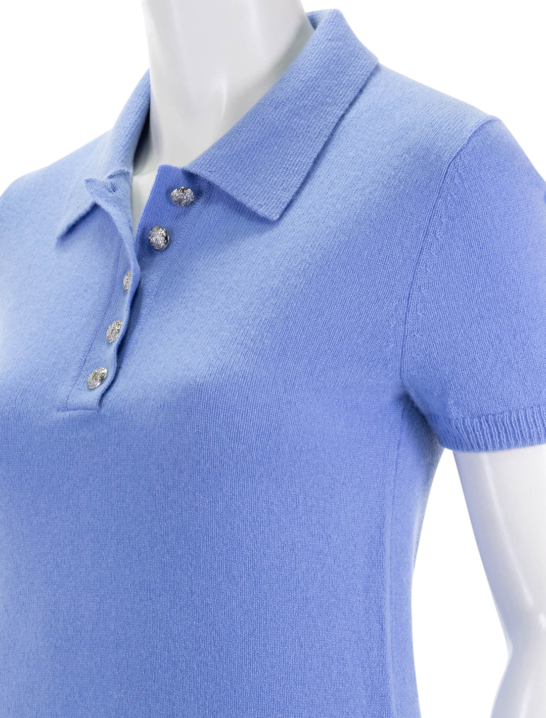 close up view of brandt cashmere polo in hydrangea