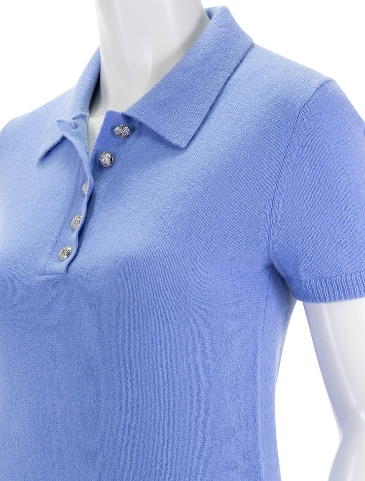 close up view of brandt cashmere polo in hydrangea