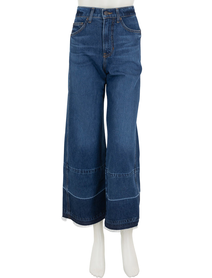 Front view of Veronica Beard's taylor cropped high rise wide leg jeans in bright blue.