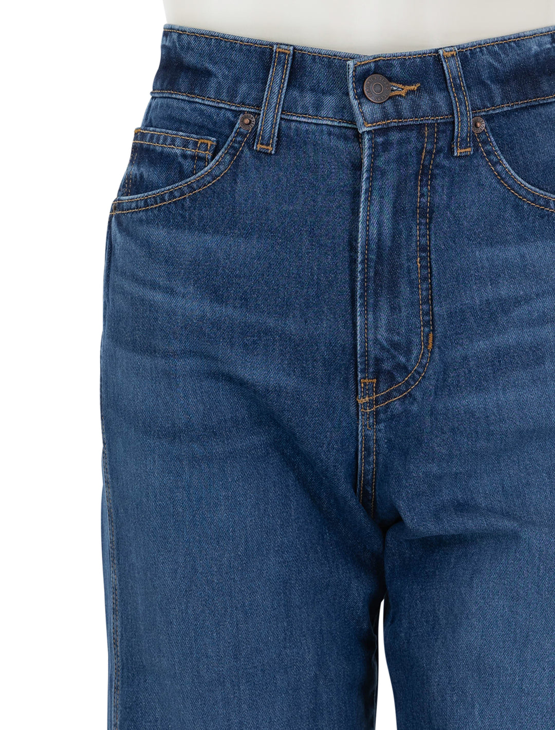 Close-up view of Veronica Beard's taylor cropped high rise wide leg jeans in bright blue.