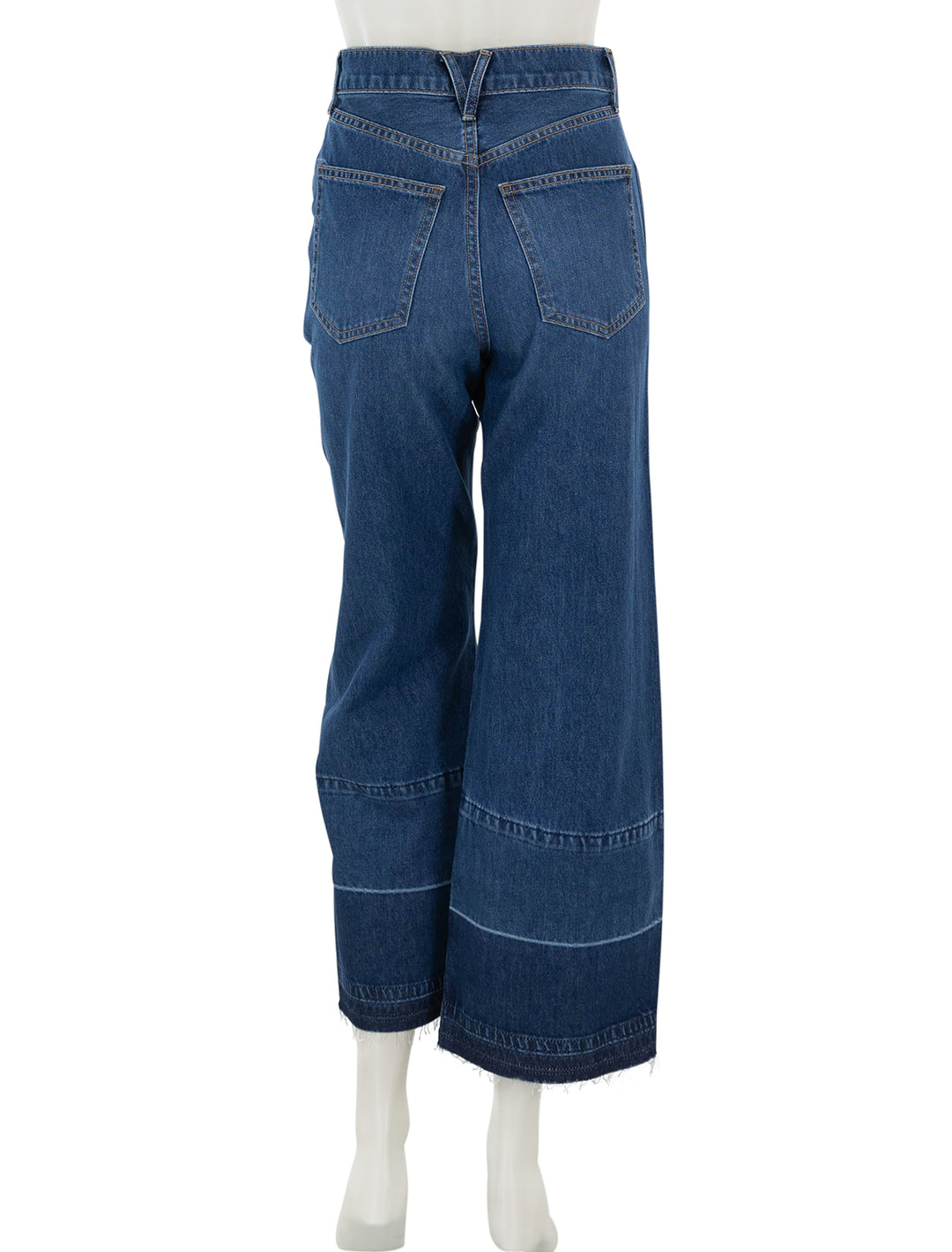 Back view of Veronica Beard's taylor cropped high rise wide leg jeans in bright blue.