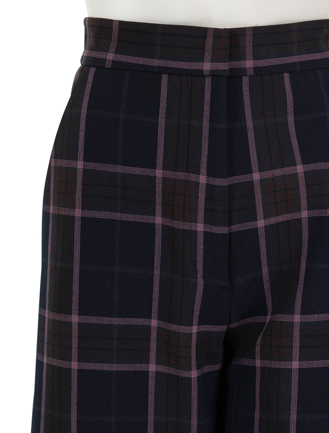 Close-up view of Smythe's Wide Leg Culotte in Rosewood Plaid.