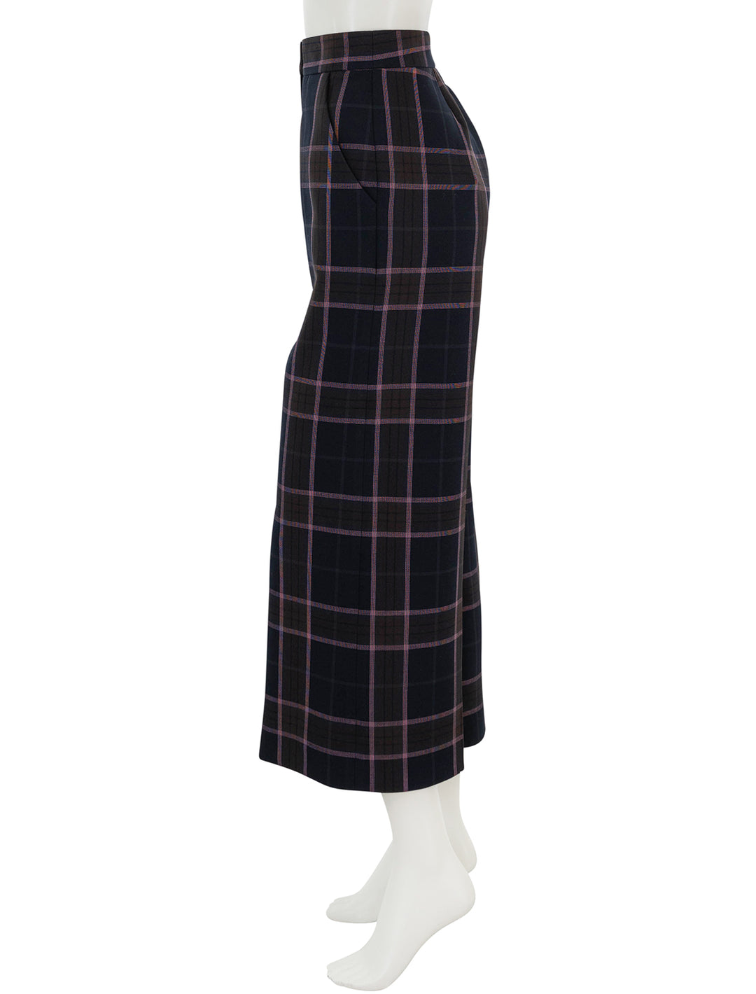 Side view of Smythe's Wide Leg Culotte in Rosewood Plaid.