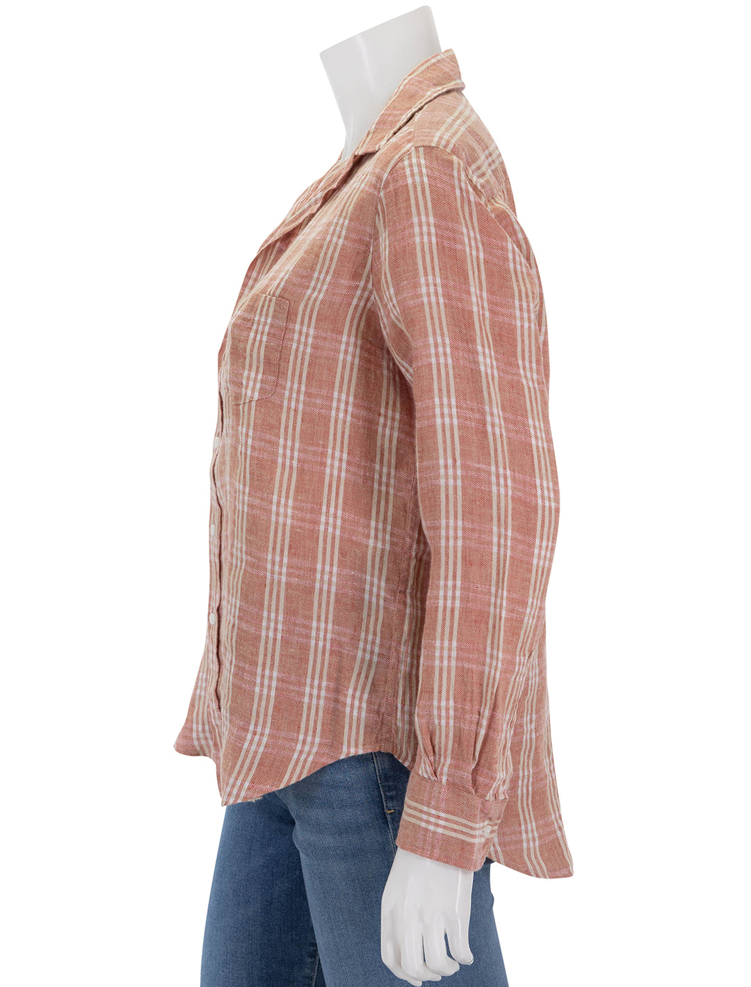 Side view of Frank & Eileen's eileen in red cotton flannel plaid.