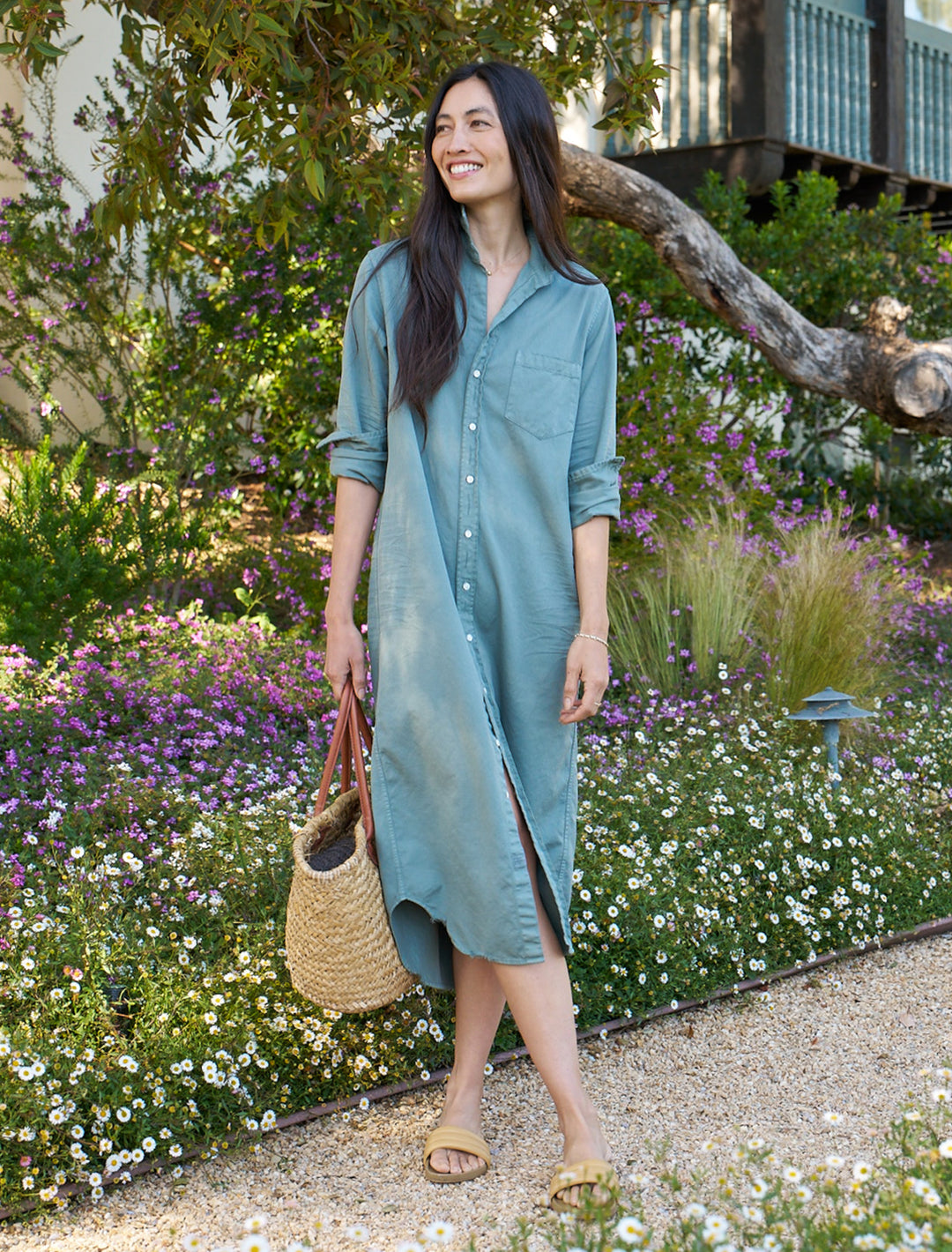 Model wearing Frank & Eileen's rory maxi shirtdress in thyme.