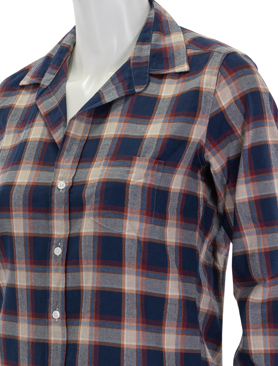 Close-up view of Frank & Eileen's barry in rust, navy and red plaid.