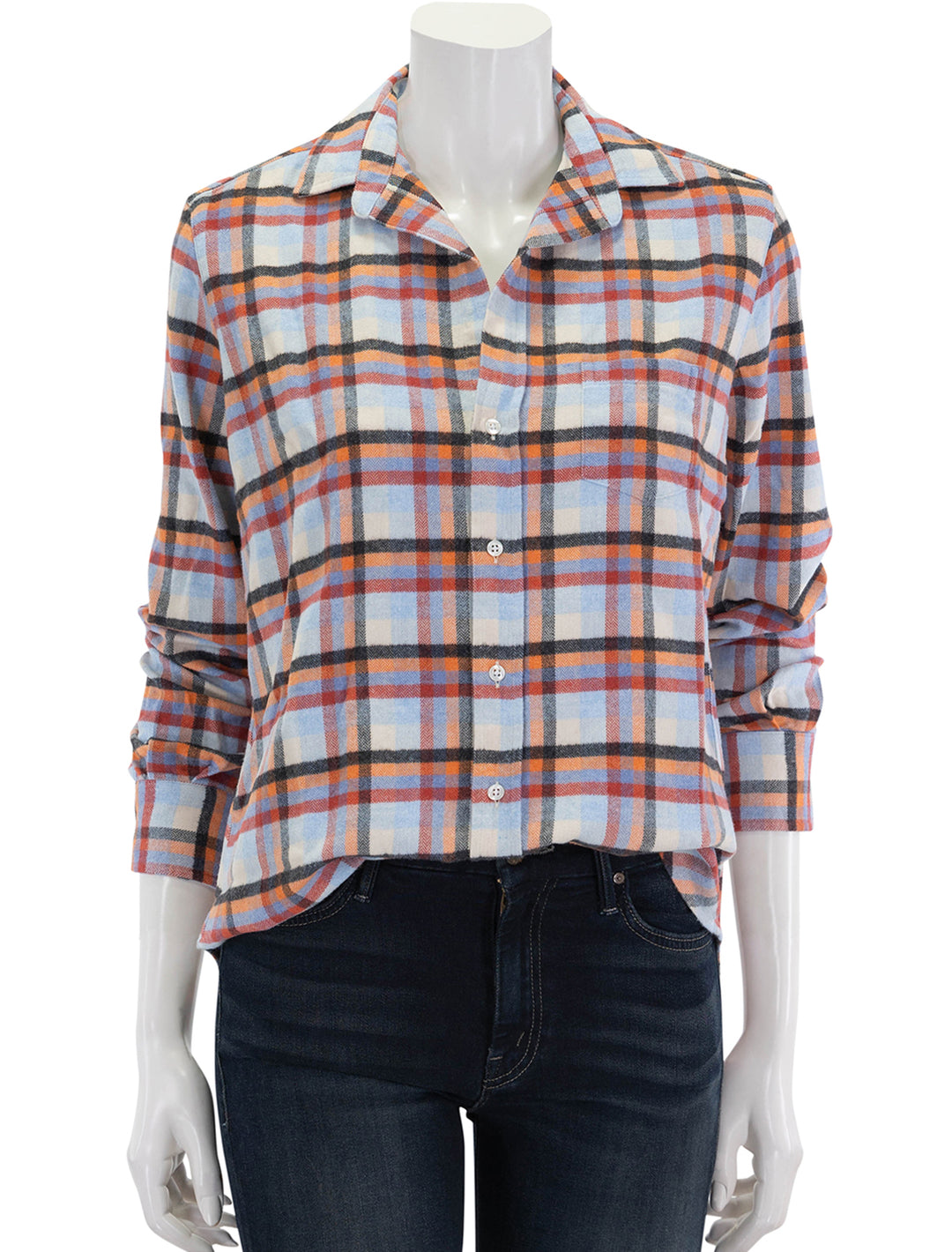 Front view of Frank & Eileen's eileen in orange, blue and red plaid.