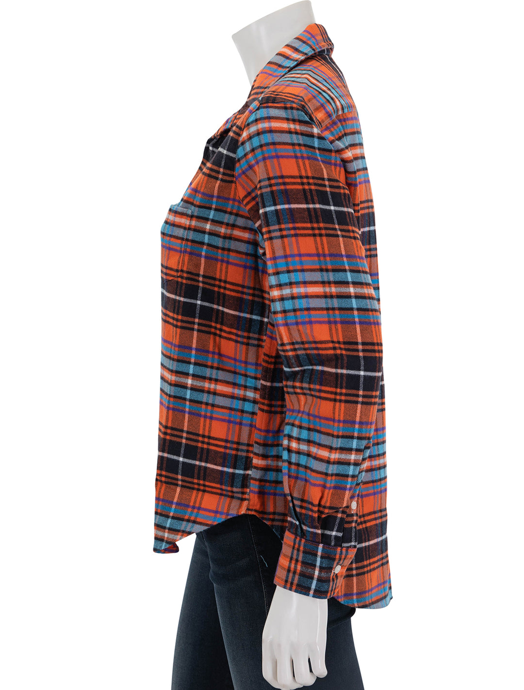 Side view of Frank & Eileen's eileen in orange, blue and black plaid flannel.