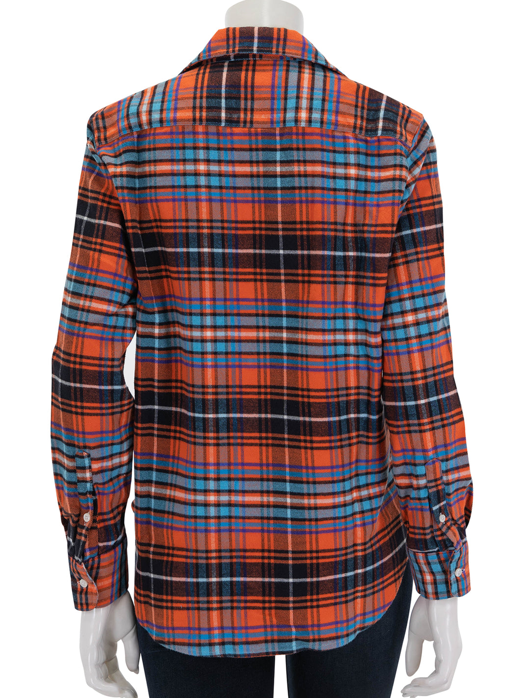 Back view of Frank & Eileen's eileen in orange, blue and black plaid flannel.