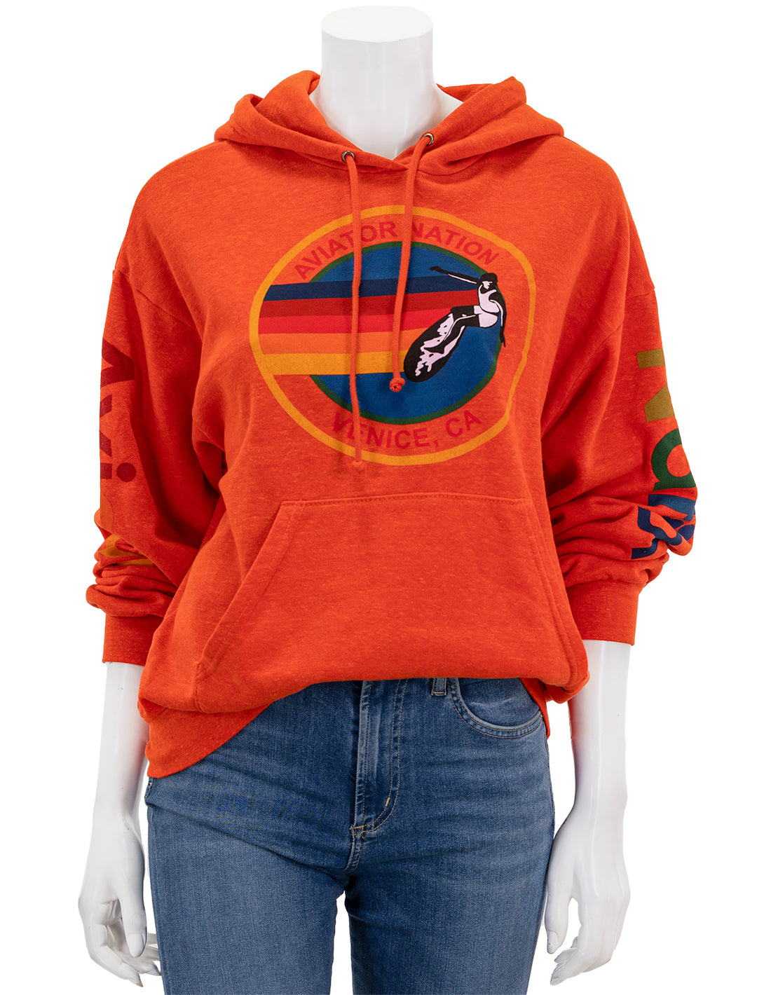Front view of Aviator Nation's aviator nation pullover hoodie in orange.