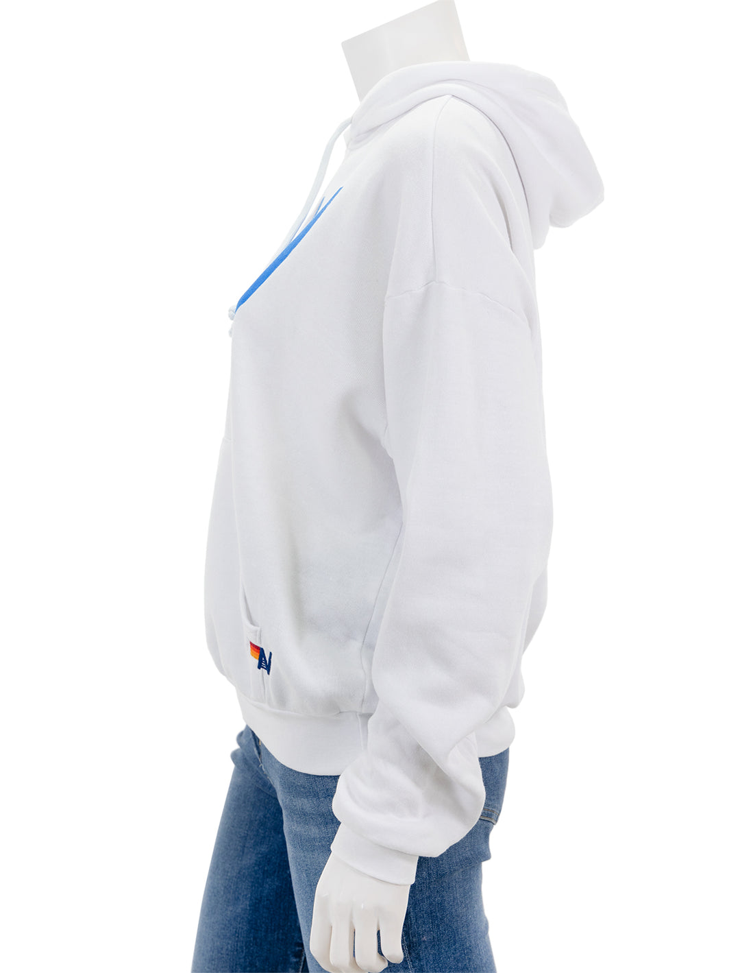 Side view of Aviator Nation's logo pullover hoodie relaxed in white.