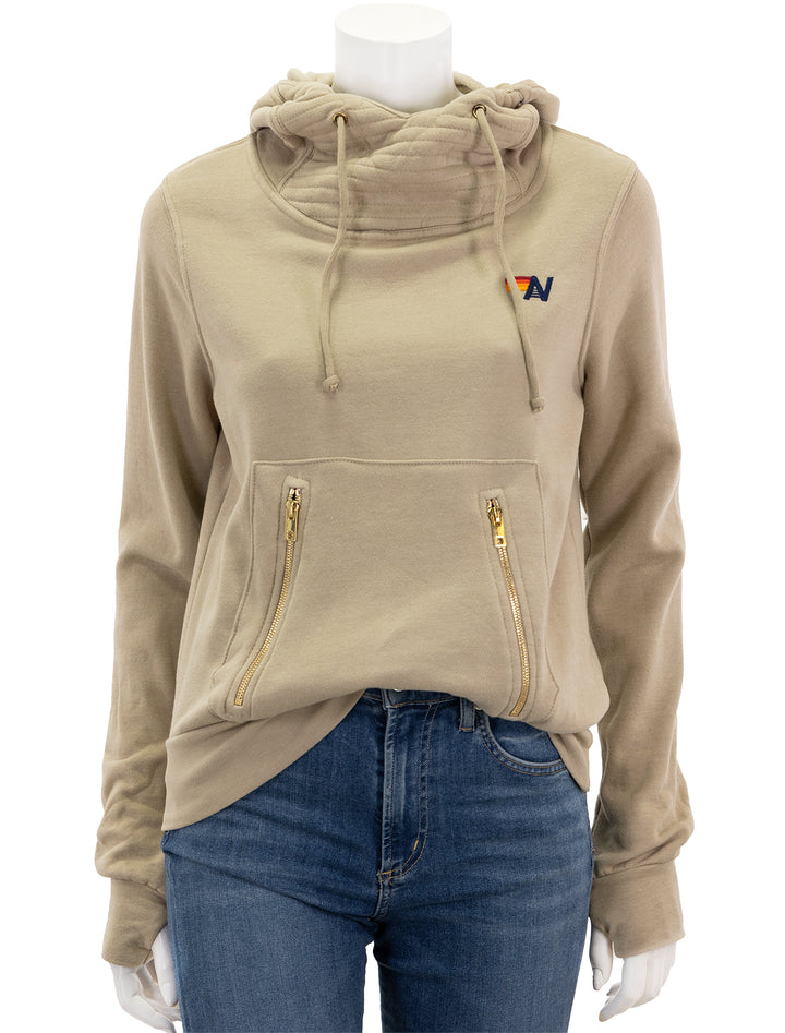 Front view of Aviator Nation's ninja pullover hoodie in sand.