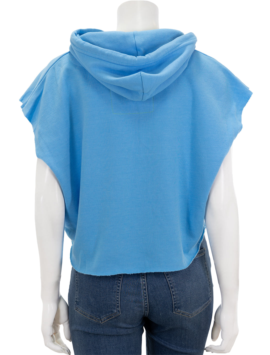 Back view of Aviator Nation's smiley sunset sleeveless cropped pullover hoodie in sky.