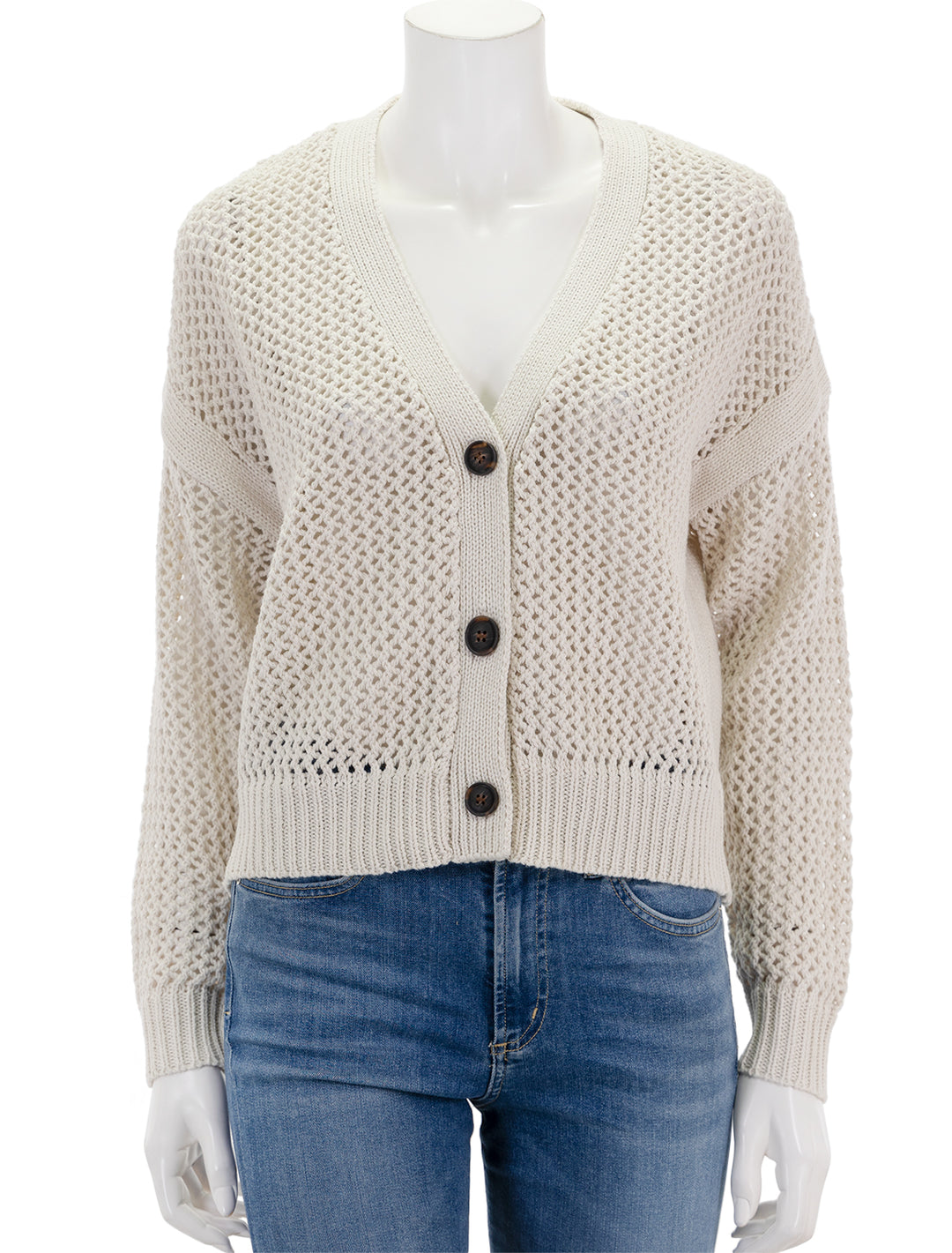 Front view of Self Contrast's maggie fishnet cardigan in seashell.