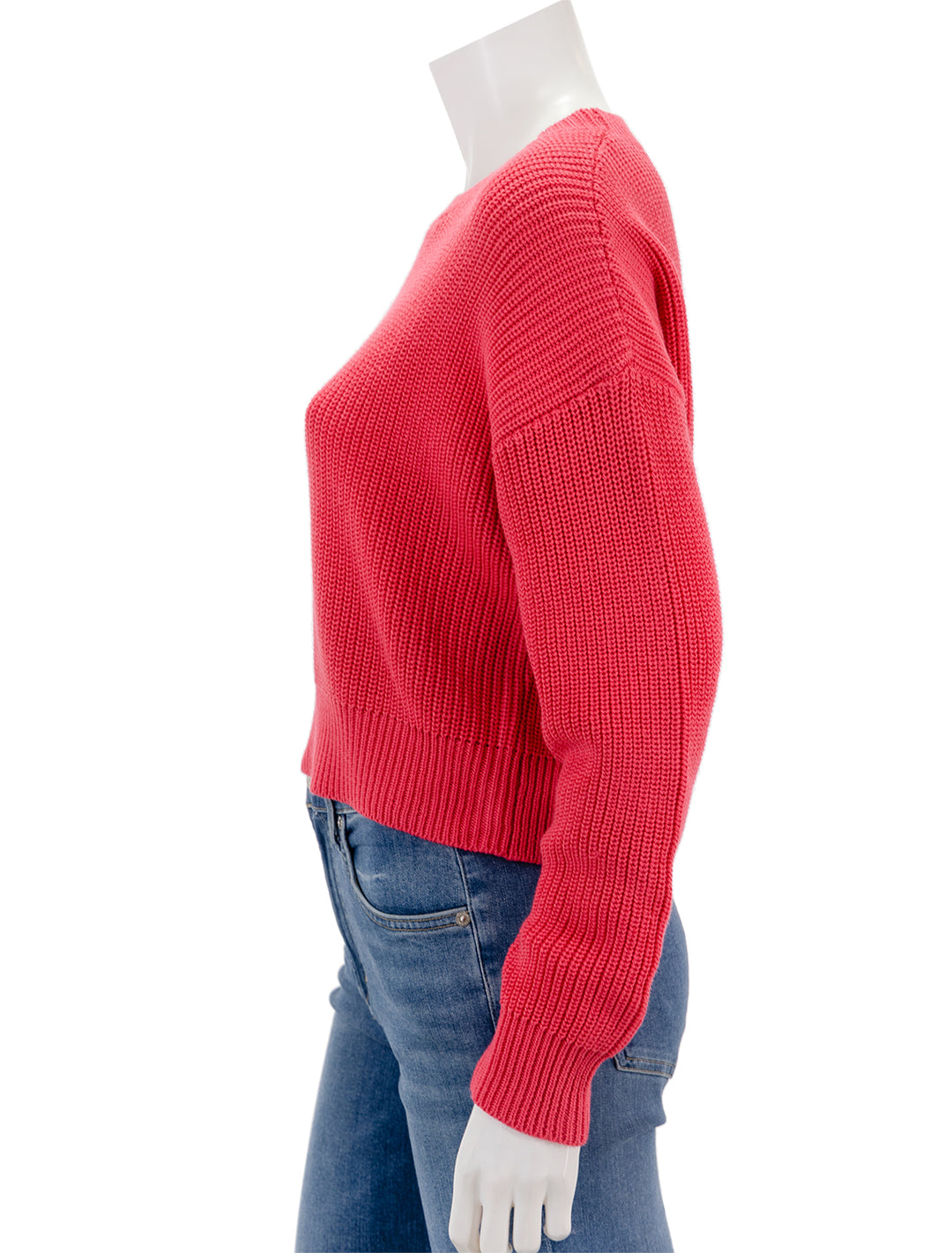 Side view of Self Contrast's siobhan sweater in french rose.