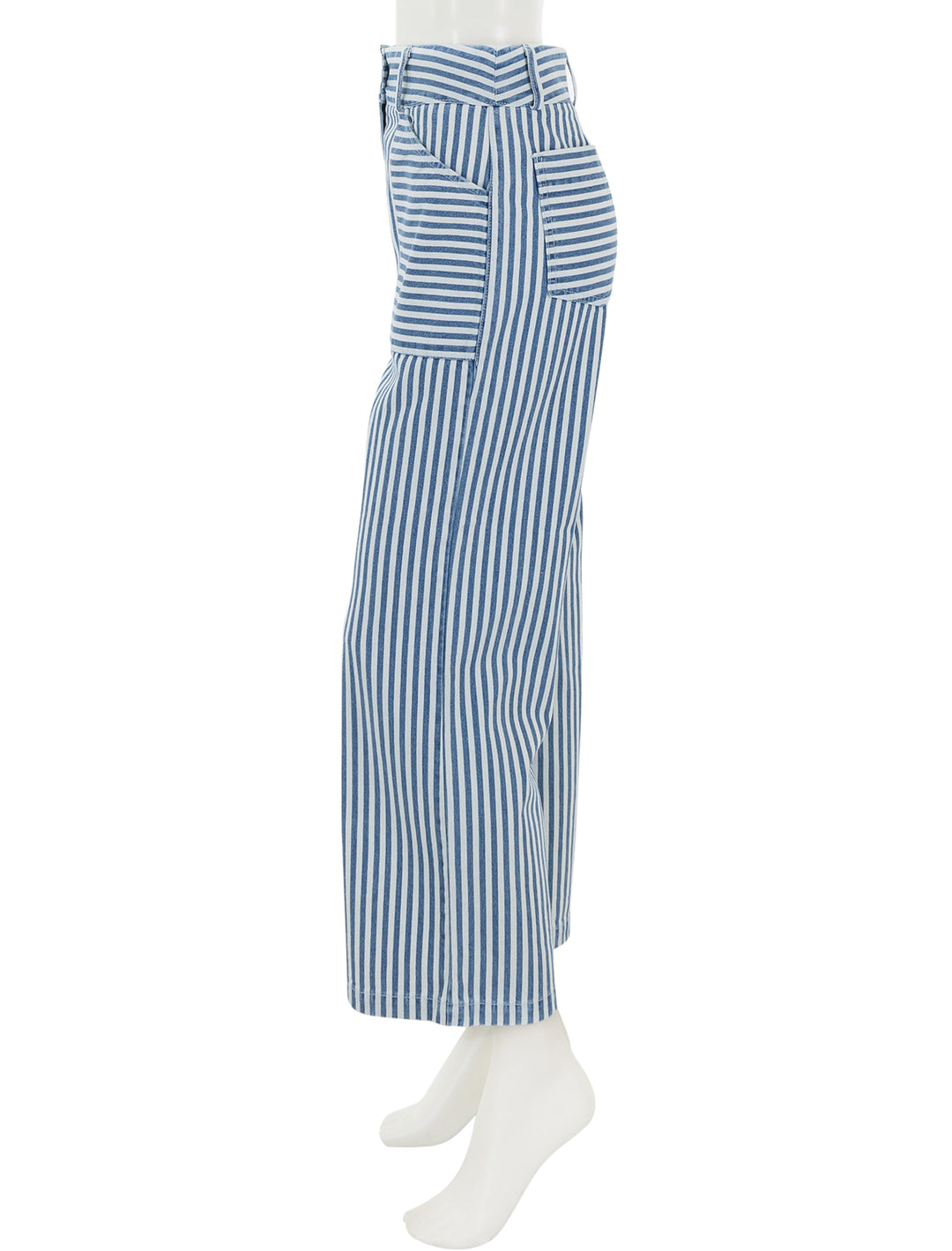 Side view of Self Contrast's aria denim in wide stripes.