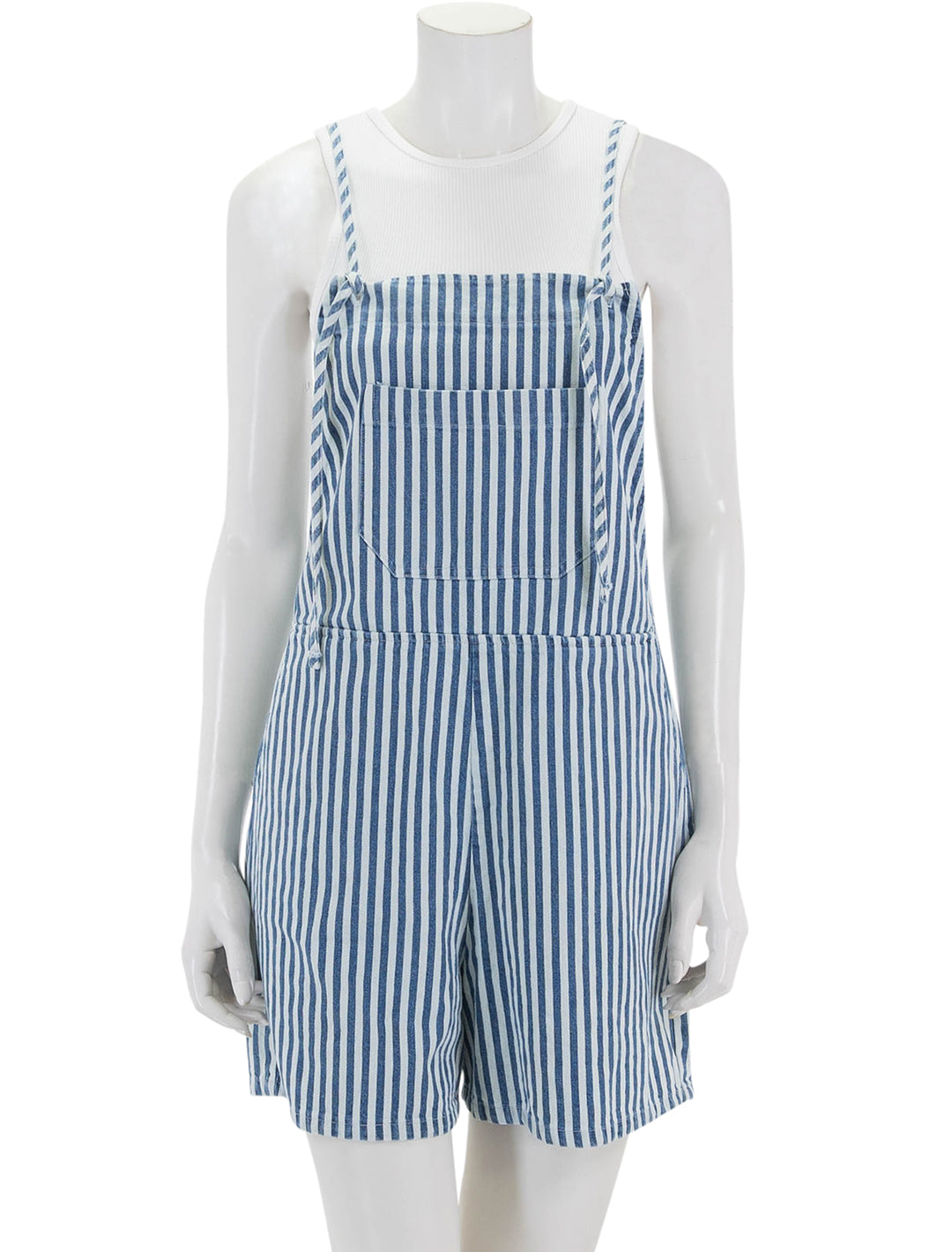 Front view of Self Contrast's eleanor romper in wide stripes denim.