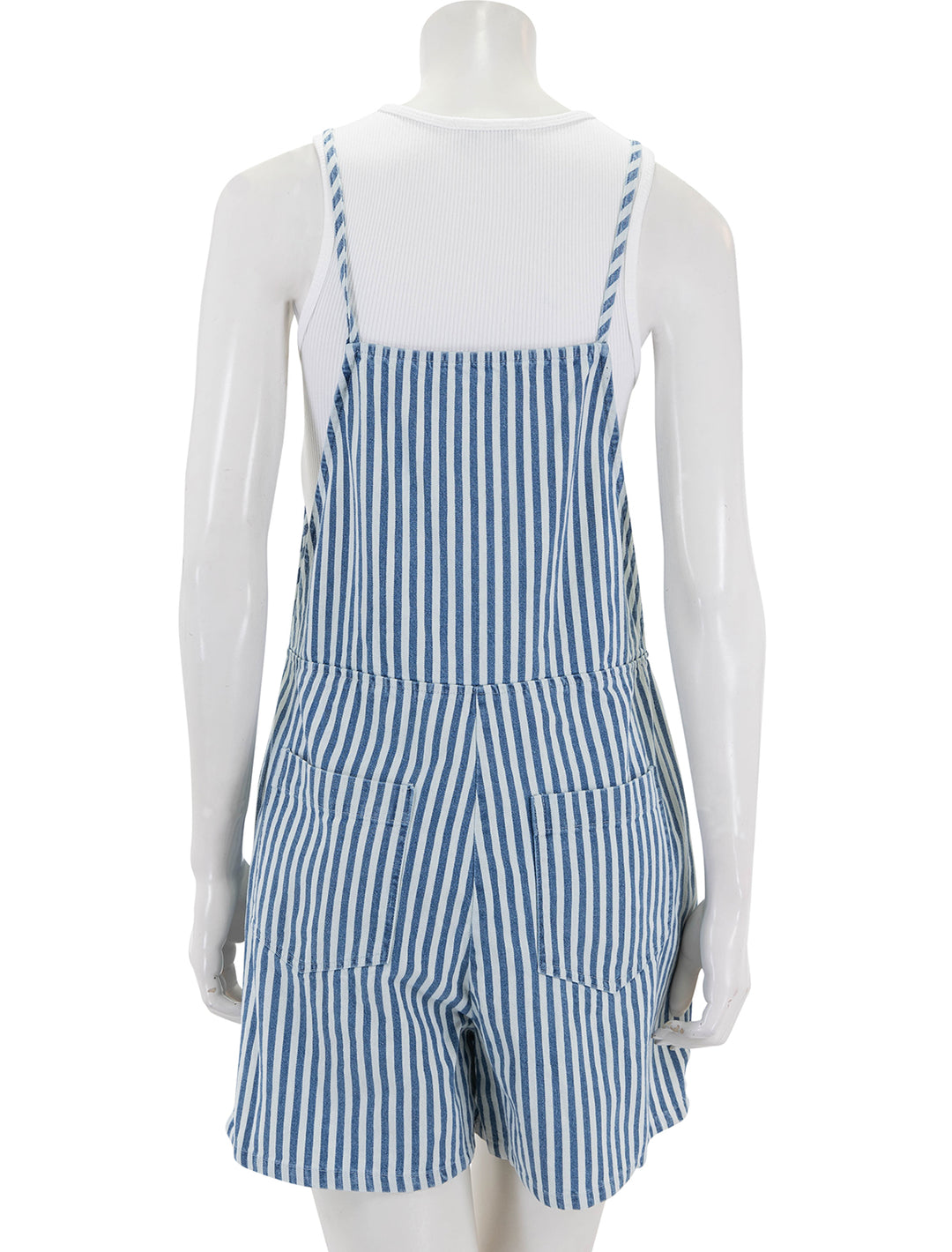 Back view of Self Contrast's eleanor romper in wide stripes denim.