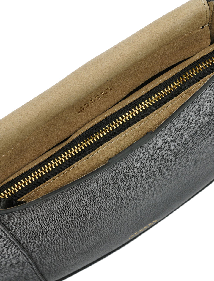 Close-up inside view of Isabel Marant Etoile's oksan grained leather shoulder bag in black.