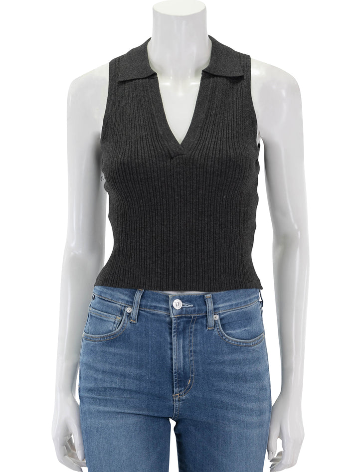 Front view of Marine Layer's amelia rib sleeveless polo in faded black.