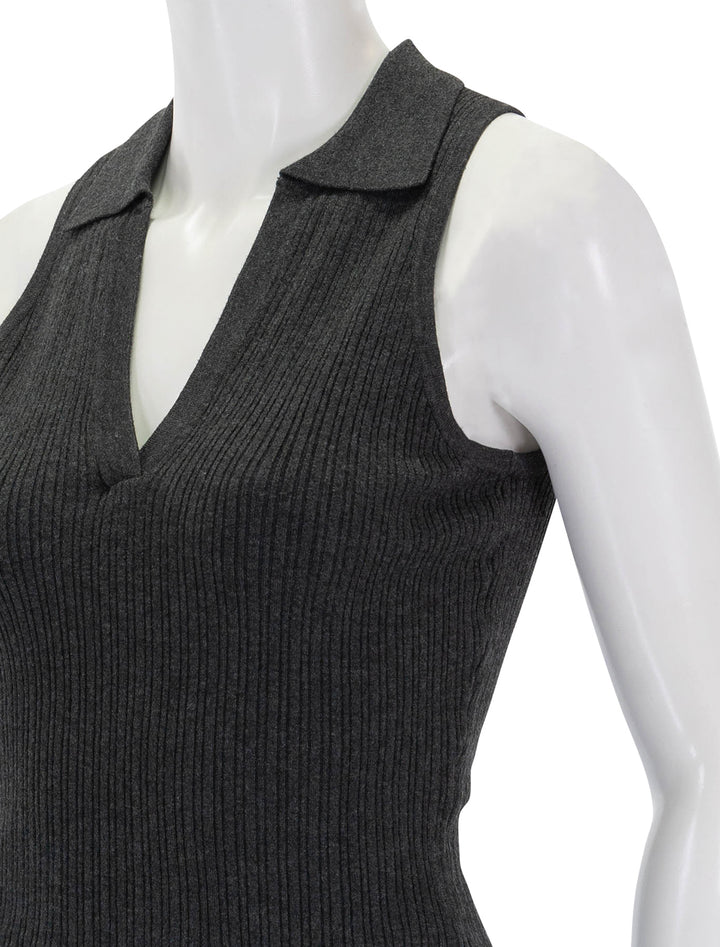 Close-up view of Marine Layer's amelia rib sleeveless polo in faded black.