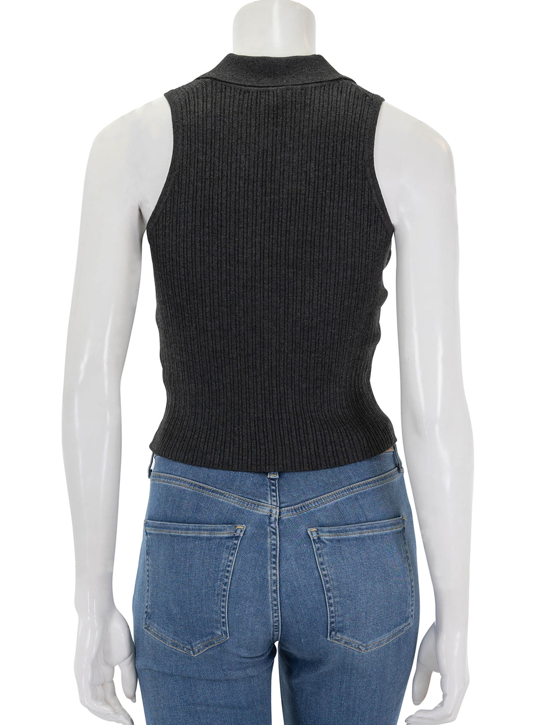 Back view of Marine Layer's amelia rib sleeveless polo in faded black.