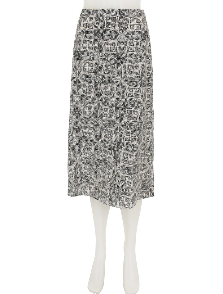 Front view of Marine Layer's ryan slip skirt in black and white mandala print.