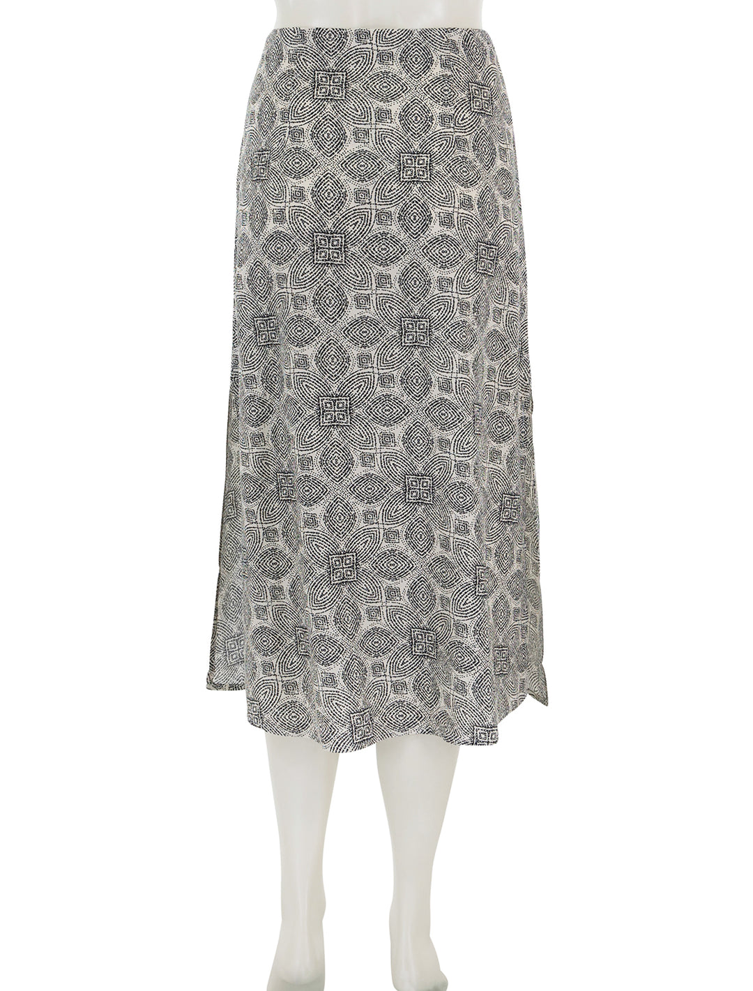 Back view of Marine Layer's ryan slip skirt in black and white mandala print.