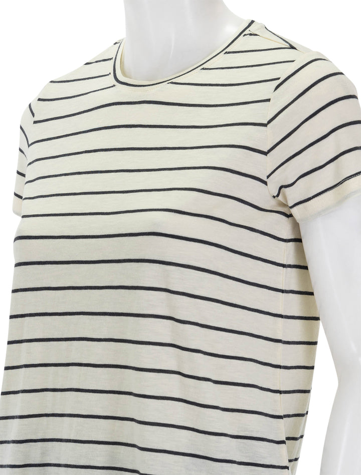 Close-up view of Marine Layer's swing crew tee in black and white stripe.