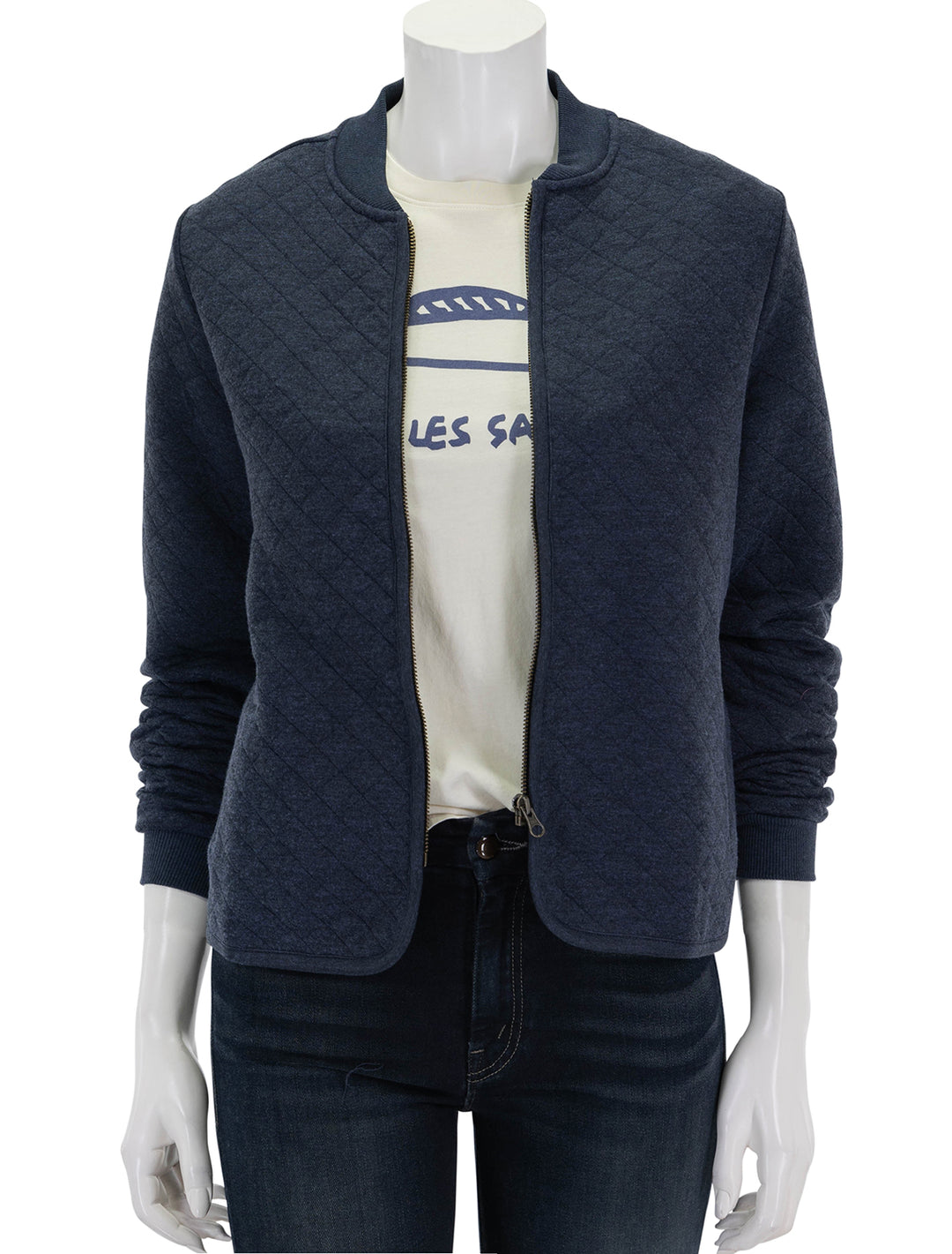 front view of corbet quilted bomber in navy open