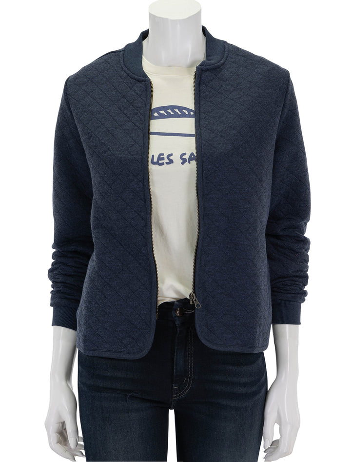 front view of corbet quilted bomber in navy open