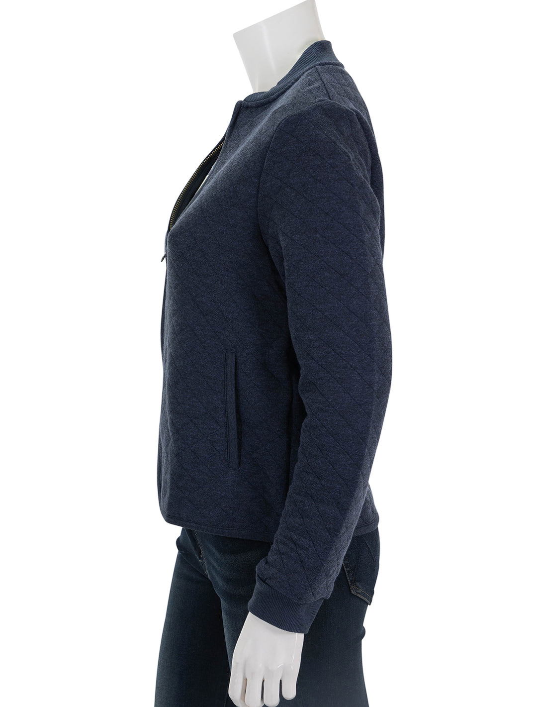 side view of corbet quilted bomber in navy