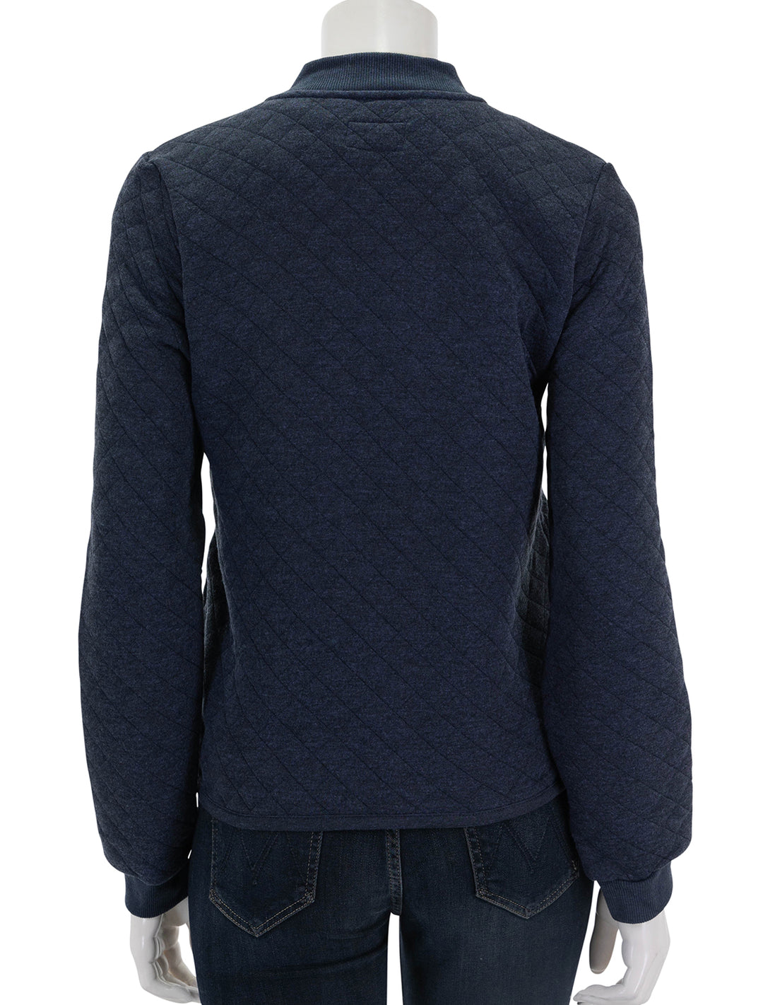 back view of corbet quilted bomber in navy